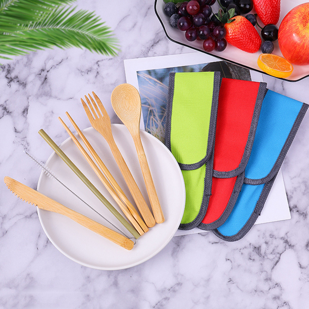 Bamboo Cutlery Travel - 7Pcs Travel Tableware Reusable Bamboo Cutlery